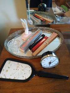 lot 275 image: Vintage Mirror Tray w Clock, Fans, Ring Holder, Hand Mirror