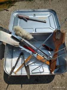 lot 335 image: Vintage Tin w Grilling Utensils & Vintage Lighter