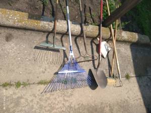 lot 360 image: Garden Tools- Three Rakes, Shovel, Broom