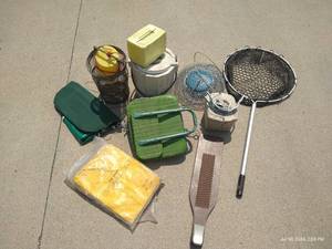 lot 374 image: Fishermans Lot- Ponchos, Inflatable Seats, Nets, Minnow Box