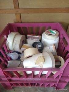 lot 386 image: Crate of Tapes- Drywall, Masking, Electrical, Matches, Light Bulbs