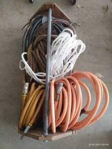 lot 404 image: Vintage Wooden Tool Box w Heavy Duty Ropes, Electrical Code, Air Compressor Tubes