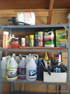 lot 454 image: Shelf Contents- Sprayer, Bug & Weed Killer, Paint Products, Concrete Cleaner, Etc