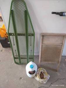 lot 457 image: Vintage Washboard, Ironing Board, Clothes Pins Lot