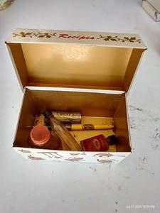 lot 479 image: Vintage Recipe Tin w Vintage Medicine Bottles