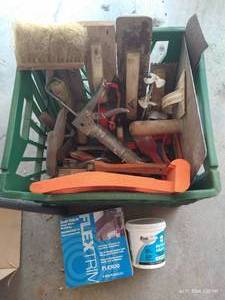 lot 490 image: Crate of PaintingSanding Supplies, New Box of Self-Stick Vinyl Base Molding