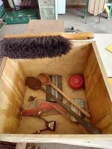 lot 493 image: Old Box w Misc Vintage Home Goods