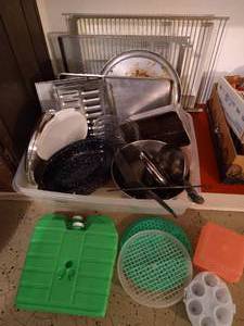 lot 583 image: Big Kitchen Lot- Revere Ware, Angel Food Pan, Enamel Roaster, Retro Fridge Shelf, Etc