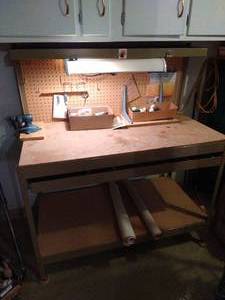 lot 600 image: Work Bench w Vice, Drawer, Shelf & Peg Board