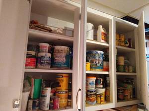 lot 601 image: Three Cabinets of Stains, Conditioners, Paint, Sealant, Stripper, Etc