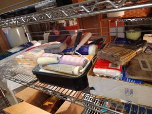 lot 607 image: Shelf of Painting Supplies- Rollers, Brushes, Drop Cloths, Pans, Etc