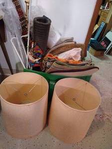 lot 622 image: Big Box of Rugs, Curtain Rods, Lamp Shades, Etc