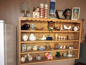lot 639 image: Wooden Shelf w Knick Knacks, Avon Bottles, Musical Mirror, etc