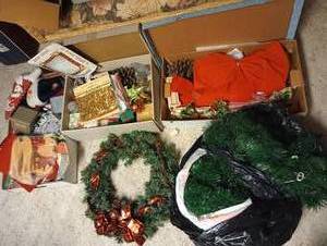 lot 670 image: Three Boxes Christmas Decor, Garlands, Wreaths, Wood Reindeer
