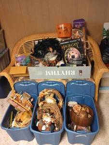 lot 671 image: Misc Holiday Lot- Three Totes, Wreaths, Halloween Lights, Easter & Fall