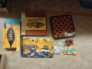 lot 687 image: Vintage Games & 4 Ft Ruler- Finger Paints, Puzzles, Poker, Yahtzee, Etc