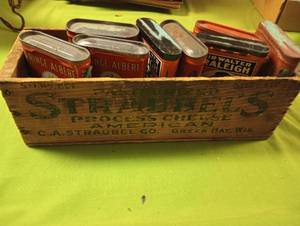lot 693 image: Wooden Cheese Box w Tobacco Tins
