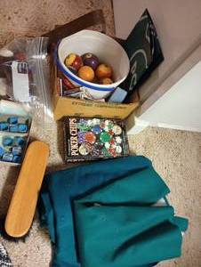 lot 700 image: Pool Table Felt, Brush, Balls, Poker Chips, Cards, Tripoley Mat