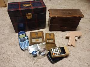 lot 705 image: Two Dymo Label Makers, Vintage Stamping Set, PO Box Doors, File Boxes