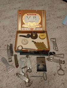 lot 710 image: Cigar Box of Can Openers, Bottle Openers, Trinkets, Metal Photo