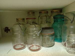 lot 734 image: Half Shelf of Very Old, Mostly Ball, Jars w Glass Lids