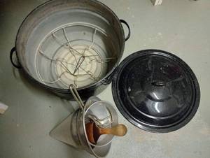 lot 737 image: Enamel Canning Pot, Strainer Cone, Wood Pestle