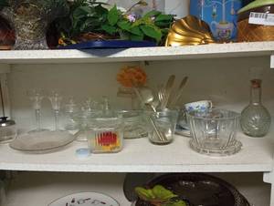 lot 740 image: Shelf of Misc Glassware, Silverware, Bottles, Teacups, Candle