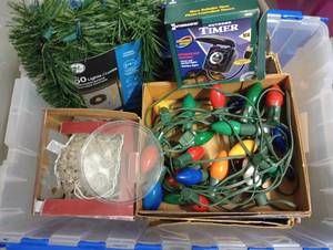 lot 761 image: Tote of Christmas Lights, Lit Garland, Timer, Globe Light, Misc