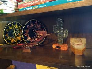lot 794 image: Southwestern Decor Lot- Alabaster Pencil Holder, Glass Cacti, Sombreros