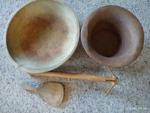 lot 832 image: Copper Basin, Wood Serving Bowl & Utensil, Primitive Mixing Tool