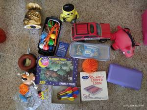 lot 844 image: Lot of Vintage Toys- MR Potato Head Bank, Darts, Magnets, Etc