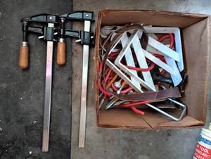 lot 876 image: Two Long Furniture Clamps, Garage Hooks, Etc