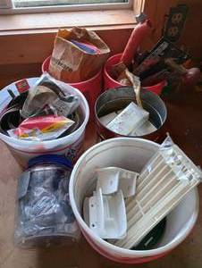 lot 883 image: Six Containers- Saw Blades, Hardware, Strap, Etc