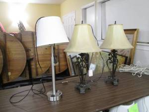 lot 219 image: 2 Ornate lamps and a silver metal base lamp