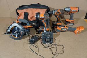 lot 217 image: Ridgid Power Tool Set - Saws, Drill, Impact, Driver