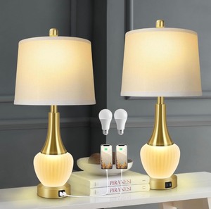 lot 9 image: Set of Two Modern Glass Table Lamps with USB Ports