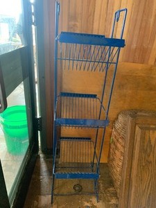 lot 42 image: Mirror, wicker barrel, table, cabinet door, blue rack