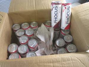 lot 144 image: (C-2) 21 Cans Phocus Naturally Energizing Sparkling Water Mix of Cola and Cherry Cola Flavors 11.5oz Cans Past Date