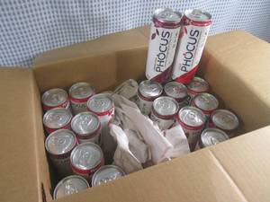 lot 145 image: (C-2) 21 Cans Phocus Naturally Energizing Sparkling Water Mix of Cola and Cherry Cola Flavors 11.5oz Cans Past Date