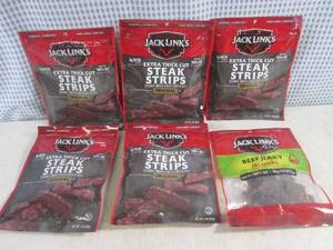 lot 150 image: (B-2) 5 Bags Jack Links Extra Thick Cut Steak Strips 1 Bag Jalapeno Jerky Past Date