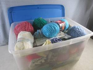 lot 214 image: (F-2) 54 Quart Tote Full of Yarn with Lid