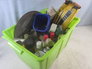 lot 232 image: (G-1) Tote of Garage Fluids, Electrical Adaptors, Grease Gun Etc