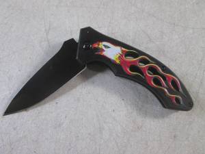 lot 254 image: (CNTR) Eagle  Flames Design Spring Assist Folding Knife with Belt Clip - 8 18 Open  4 34 Closed - New In Box