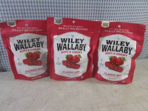 lot 350 image: (B-3) 3 Bags Wiley Wallaby Classic Red Licorice 10oz Past Date
