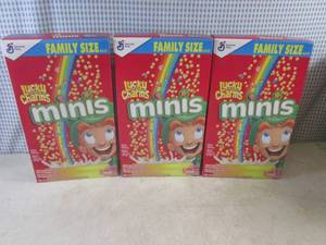 lot 358 image: (C-1) 3 Family Size Boxes Lucky Charms Minis Cereal Best by March 2024