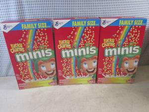 lot 359 image: (C-1) 3 Family Size Boxes Lucky Charms Minis Cereal Best by March 2024
