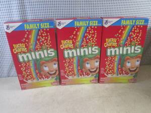 lot 360 image: (C-1) 3 Family Size Boxes Lucky Charms Minis Cereal Best by March 2024