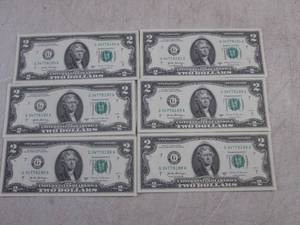 lot 94 image: (CNTR) 6 Uncirculated $2 Dollar Bills