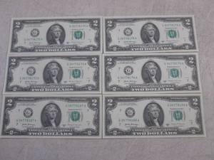 lot 96 image: (CNTR) 6 Uncirculated $2 Dollar Bills