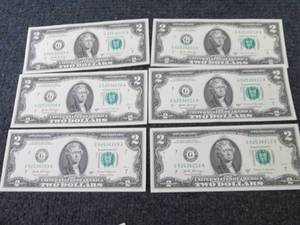 6 Sequential Uncirculated $2 Bills...